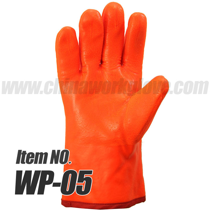 Chemical Resistant Orange Fluorescent PVC Coated Winter Gloves for Sandy Palm, Gauntlet